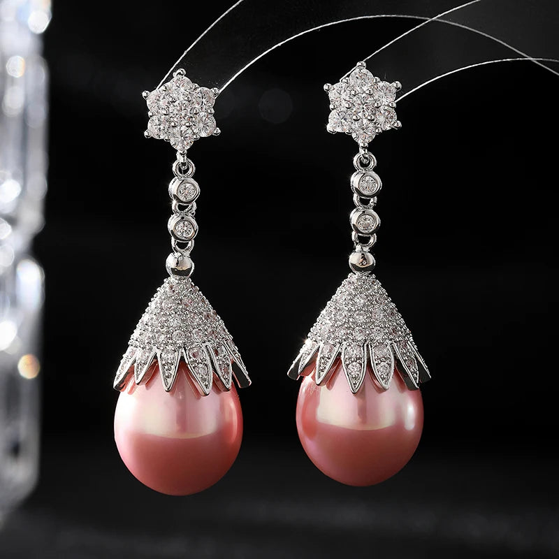 SENYU Luxury Emerald Color Water Drop Shell Pearl Drop Earrings Shiny Women Zircon Earrings for Wedding Brides Jewelry Gifts