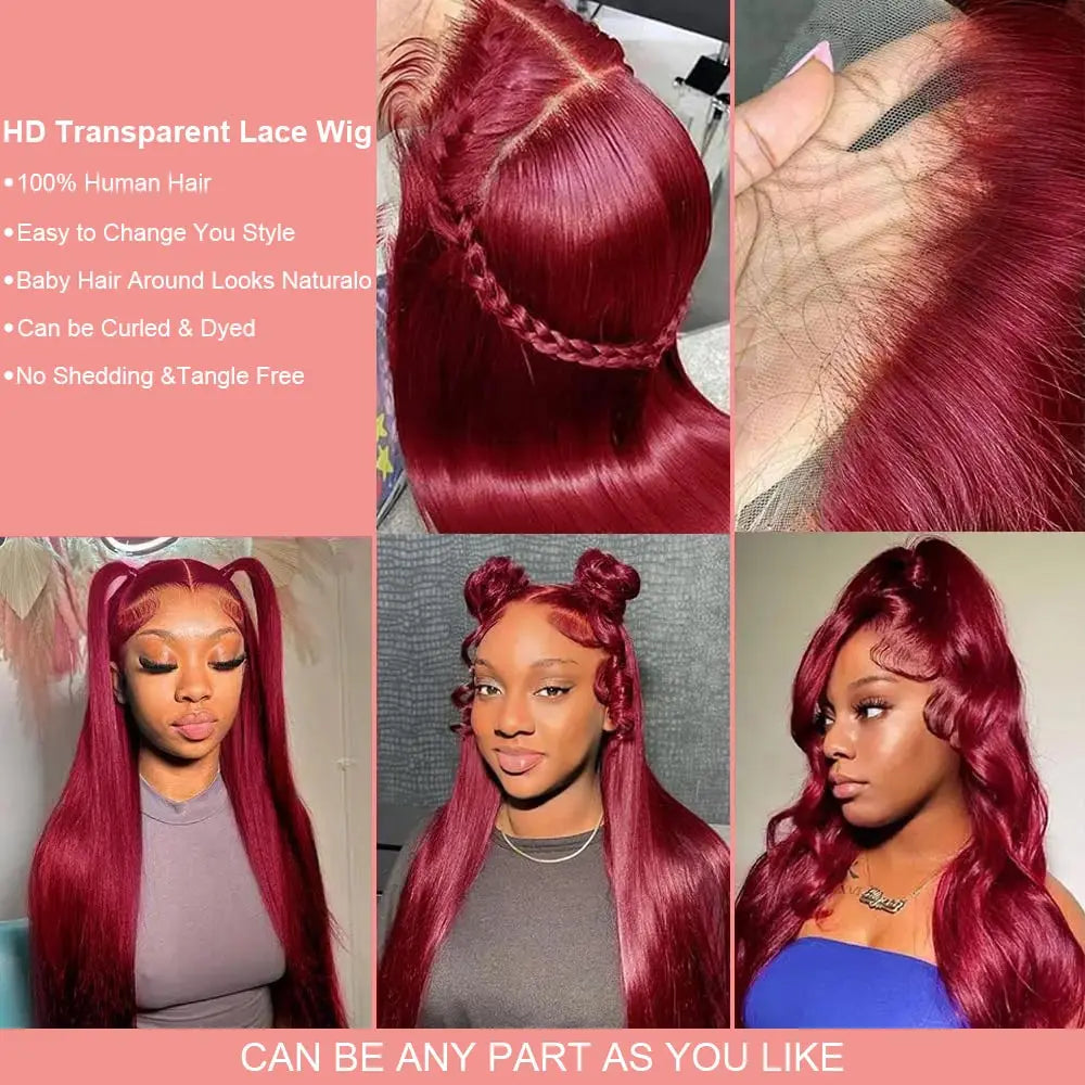 Burgundy Transparent Lace Frontal Human Hair Wig 7x5 Glueless Red 99J Straight Colored 13x4 Lace Front Human Hair Wigs For Women