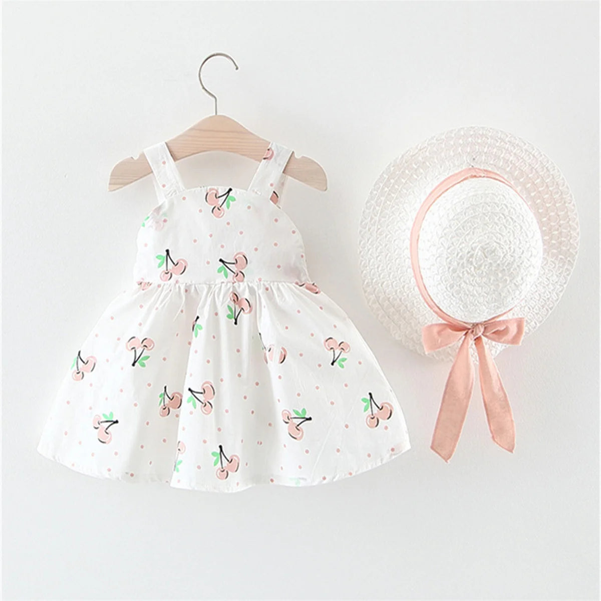 (0-3) Baby Girl Clothing Set 2/Piece Set Summer Baby Girl Cherry Printed Large Bow Cotton Beach Sleeveless Princess Dress+Hat