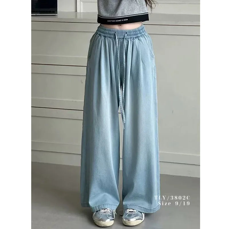 2025 Summer Girls Tencel Cotton Jeans Straight Wide Leg Thin Loose Pants for Big Kids Wholesale Trendy