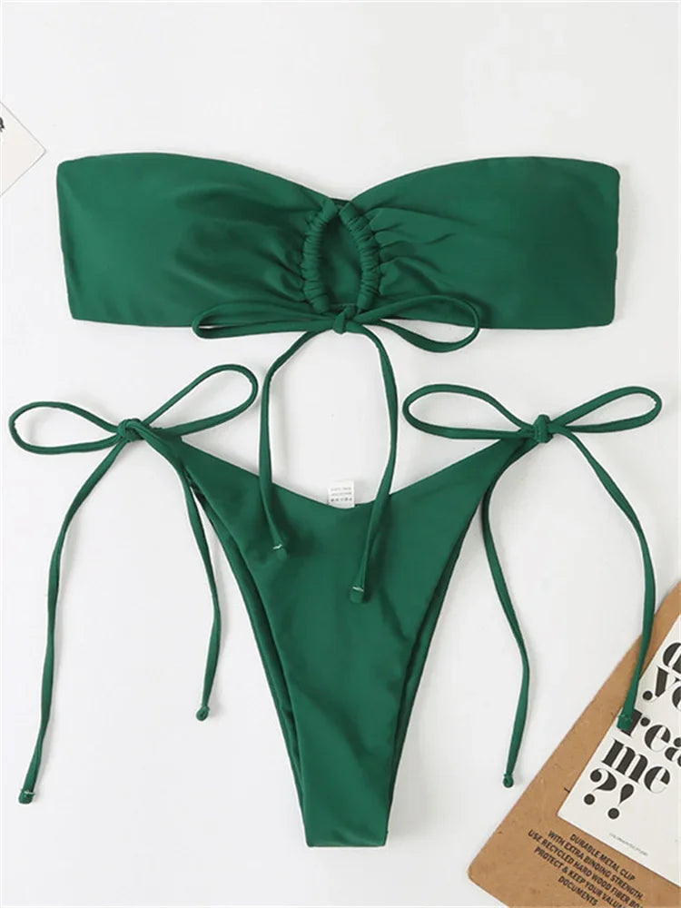 Sexy Bandeau Bikini Swimwear Women Red Black Pleate Lace Up Swimsuit 2026 Cut Out Beach Bathing Suit Tie Side Thong Bikinis Sets