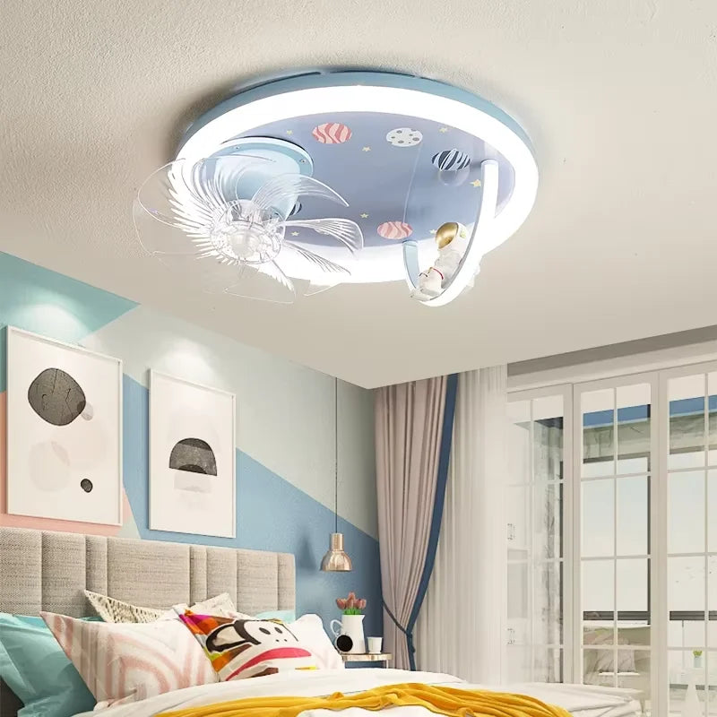Modern Kids Room Ceiling Fan Light Cartoon Moon Astronaut Ceiling Lamp Boy Girl Bedroom Nursery Study Chandelier Ceiling Lights
