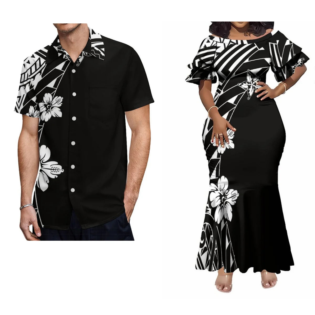 Custom Polynesian Tribal Couple Set Samoan Women'S Temperament Slim Dress Women'S Mermaid Maxi Skirt Men'S Shirt