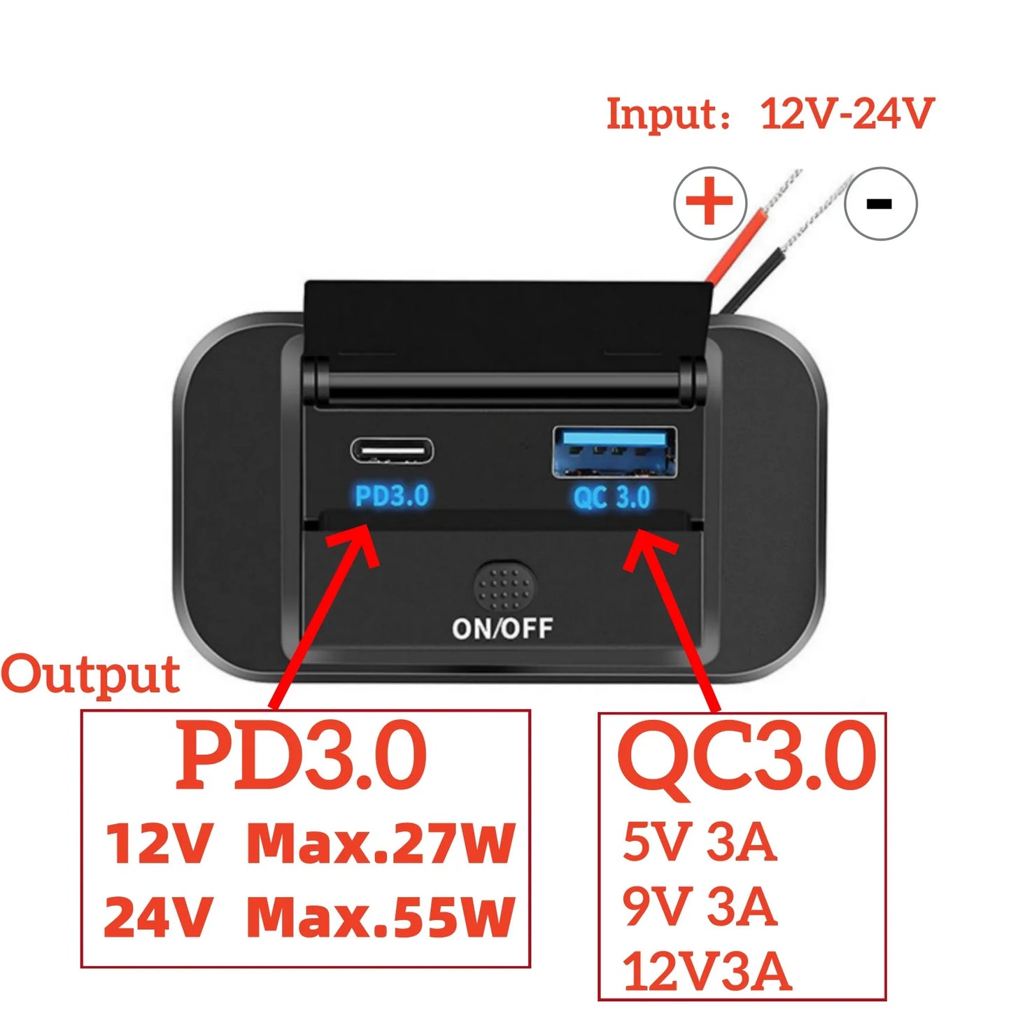 PD QC3.0 Car Charger Socket Quick Charge 12V/24V For Motorcycle Auto Truck ATV RV Bus Dual USB Power Adapter Outlet With On/Off
