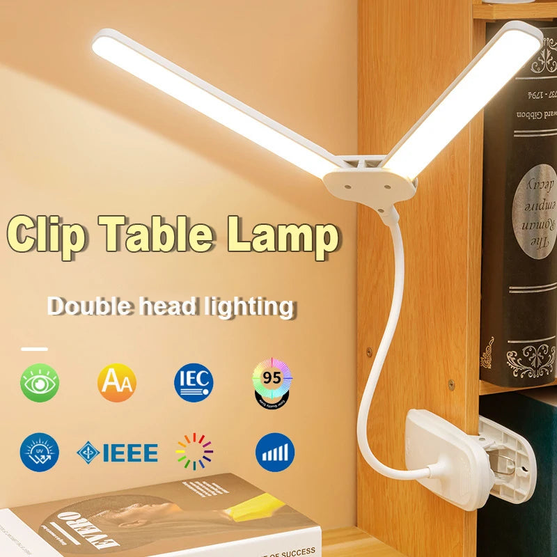Dual Head Clip Table Lamp LED Rechargeable Eye Protection Desk Lamp Flexible Dimmable Night Lamp For Children Study Kids Reading