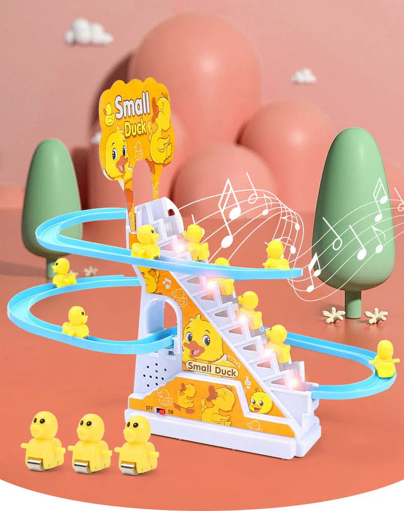 Electric Duck Track Rail Racing Slide Piggy Climbing Stairs Baby Toy LED Lights Musical Slide Roller Coaster Toys for Gift