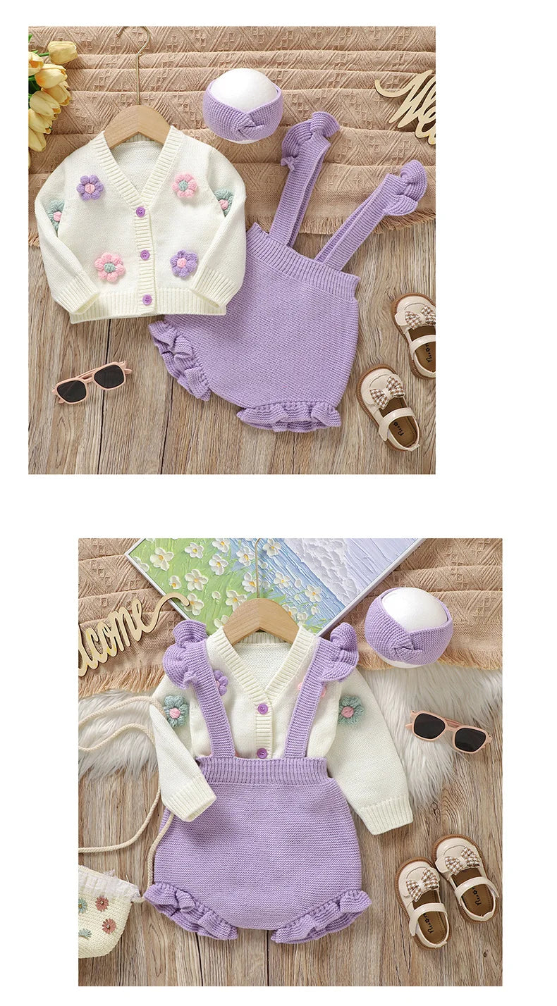 Girl Baby Clothes Set Knit Newborn Sweater Long Sleeve +Pants Fashion Ruffle +Hearwear Autumn Infant Cardigan Bodysuit Headdress