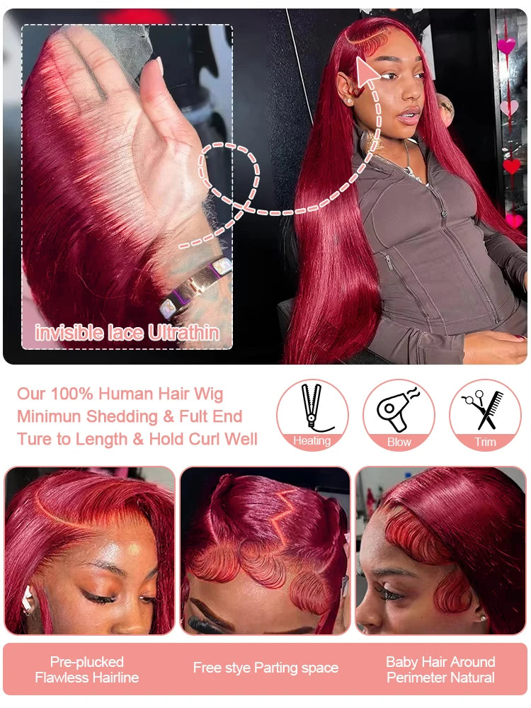 Burgundy Transparent Lace Frontal Human Hair Wig 7x5 Glueless Red 99J Straight Colored 13x4 Lace Front Human Hair Wigs For Women