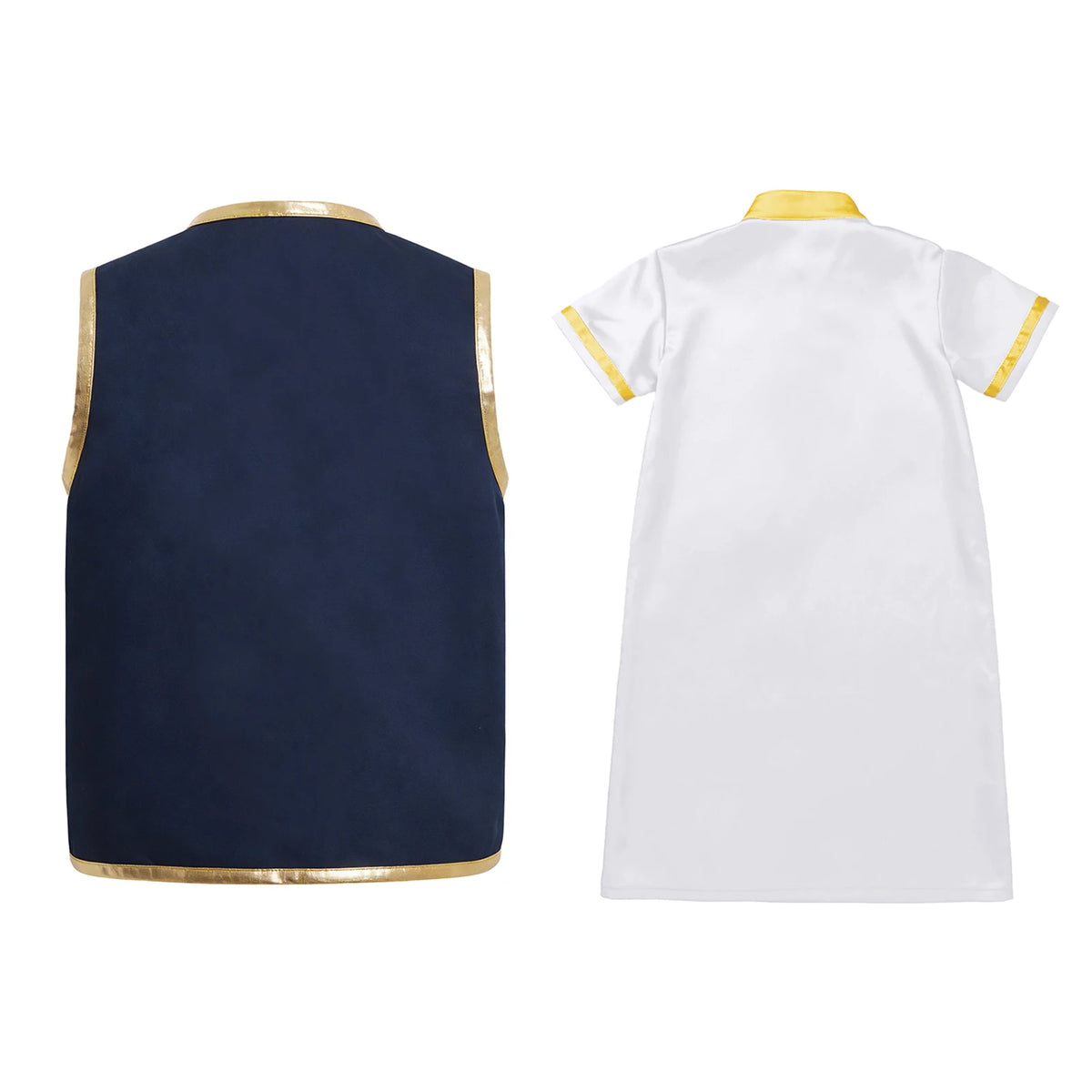 Muslim Baby Boys Robe Ramadan Eid Abaya Set Metallic Trim Arabic Islamic Kaftan Thobe Satin Gown with Open Front Tassel Vest