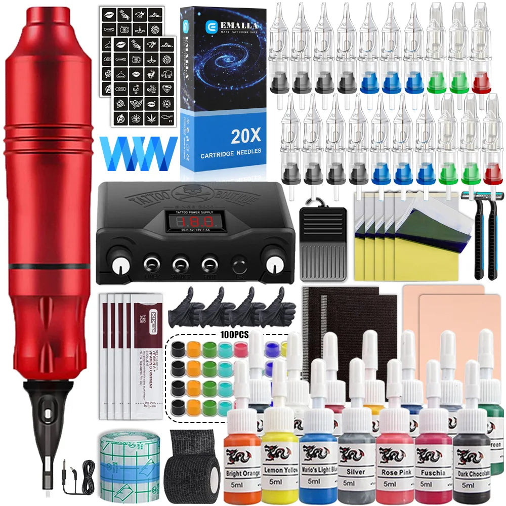 Professional Tattoo Machine Pen Kit with Cartridge Needles Power Supply Tattoo Inks Rotary Tattoo Pen Set for Beginners Body Art