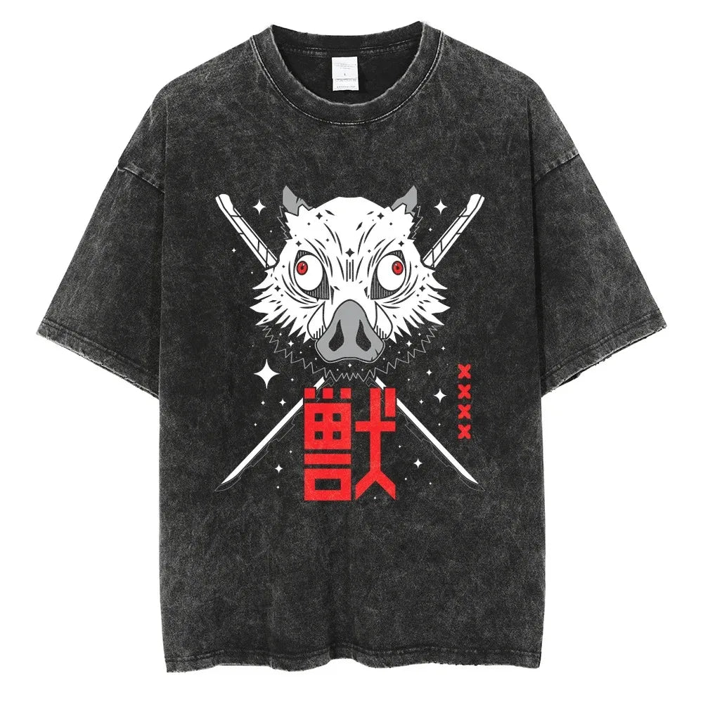 Hot Anime Demon Slayer Kokushibo Graphic T-Shirt Men Women Manga Tshirts Washed Cotton T Shirt Harajuku Unisex Vintage Top Tees
