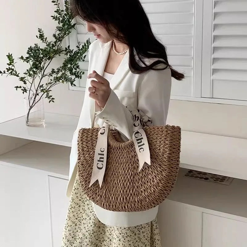 Hand Woven Straw Semicircle Tote Bag Large Capacity Handheld Crossbody 2-in-1 Beach Vacation Fashion Bag for Women