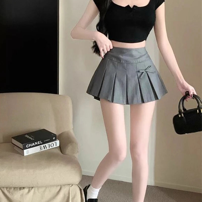 Bow Decor Women's Pleated Mini Skirts Korean Fashion High Waist Short Skirt Woman Streetwear Dance Tennis A Line Skirt Female