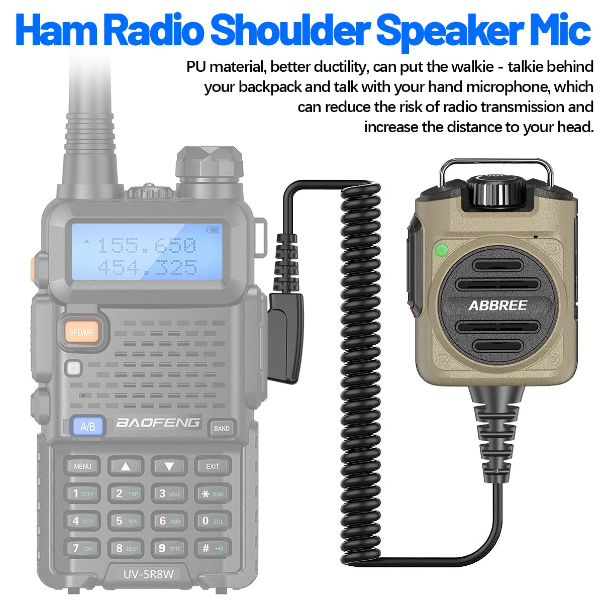 ABBREE AR-158 Speaker Mic Long Standby Volume Adjustable Clear Sound Compatible with Baofeng UV-5R Mini UV-5RH K Type Ham Radio