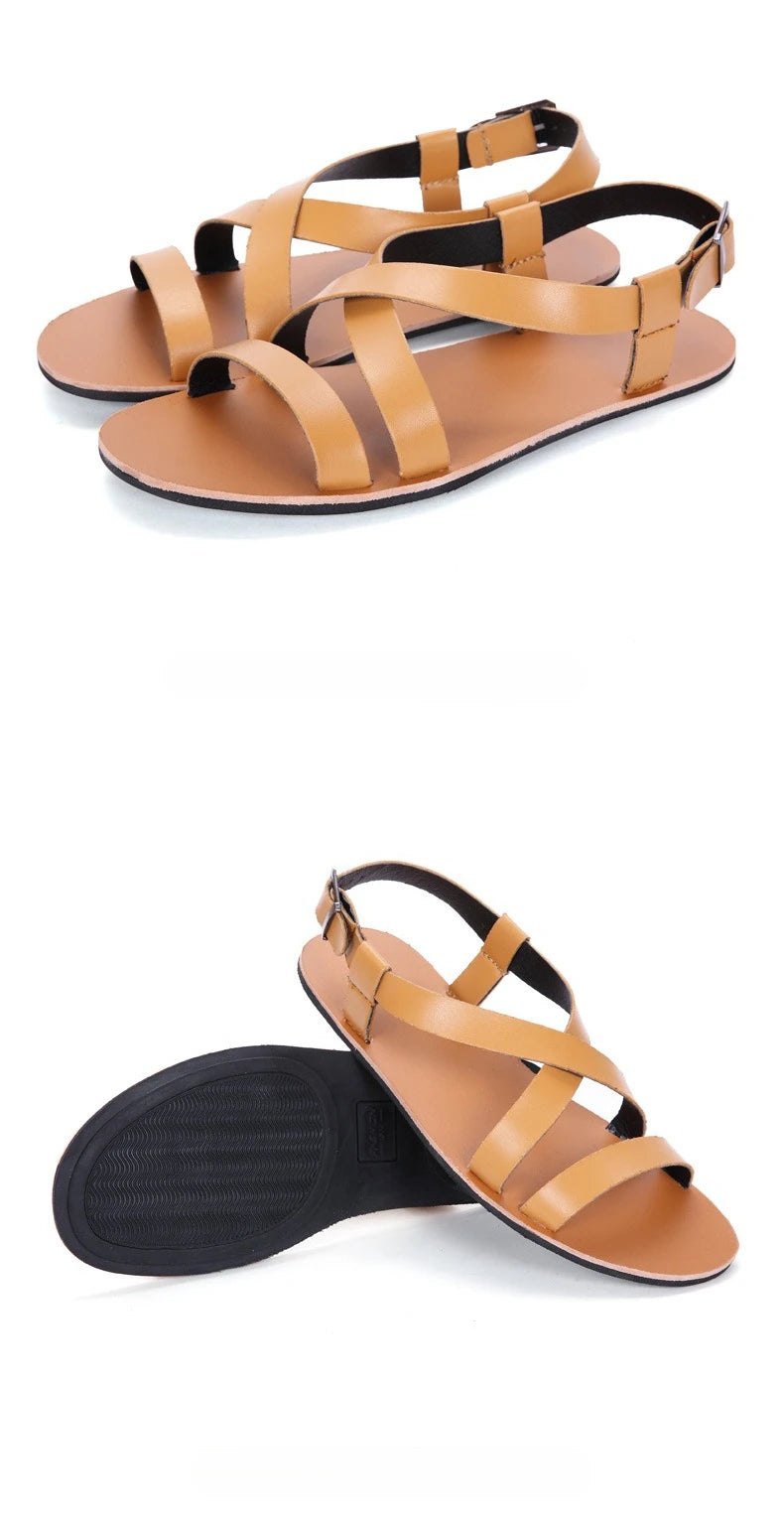 Mens Summer Breathable Leather Sandals Comfortable Roman Slippers for Outdoor Walking Casual Wear Non Slip
