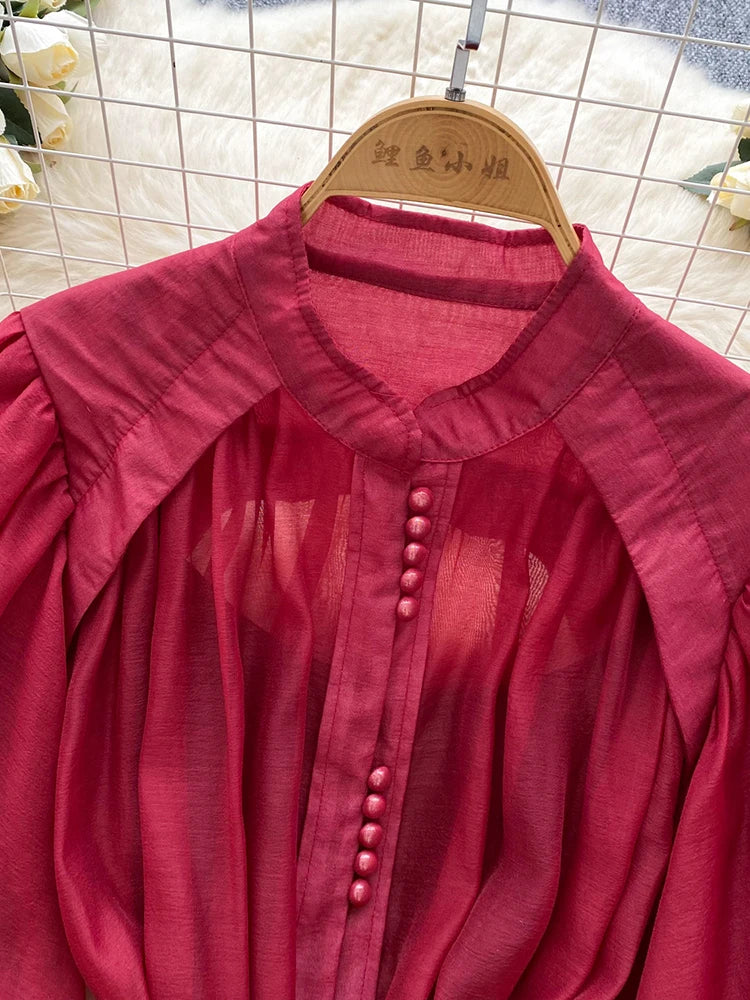 Summer Women's Puff Sleeve Shirt Dress Fashion Beach Vacation Party Birthday Blue White Exquisite Chiffon Mid Length Dress B06