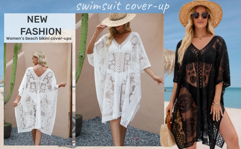 Sexy Elegant Lace Beach Cover Up for Women, Bathing Suit Cover Up, V-Neck Swimsuit Coverup for Poolside, Seaside and Party