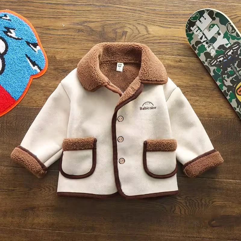 Kids Boys Sherpa Fleece Lined Faux Suede Jacket, Lapel Button Down Warm Coat With Pockets, Toddler Autumn Winter Outerwear