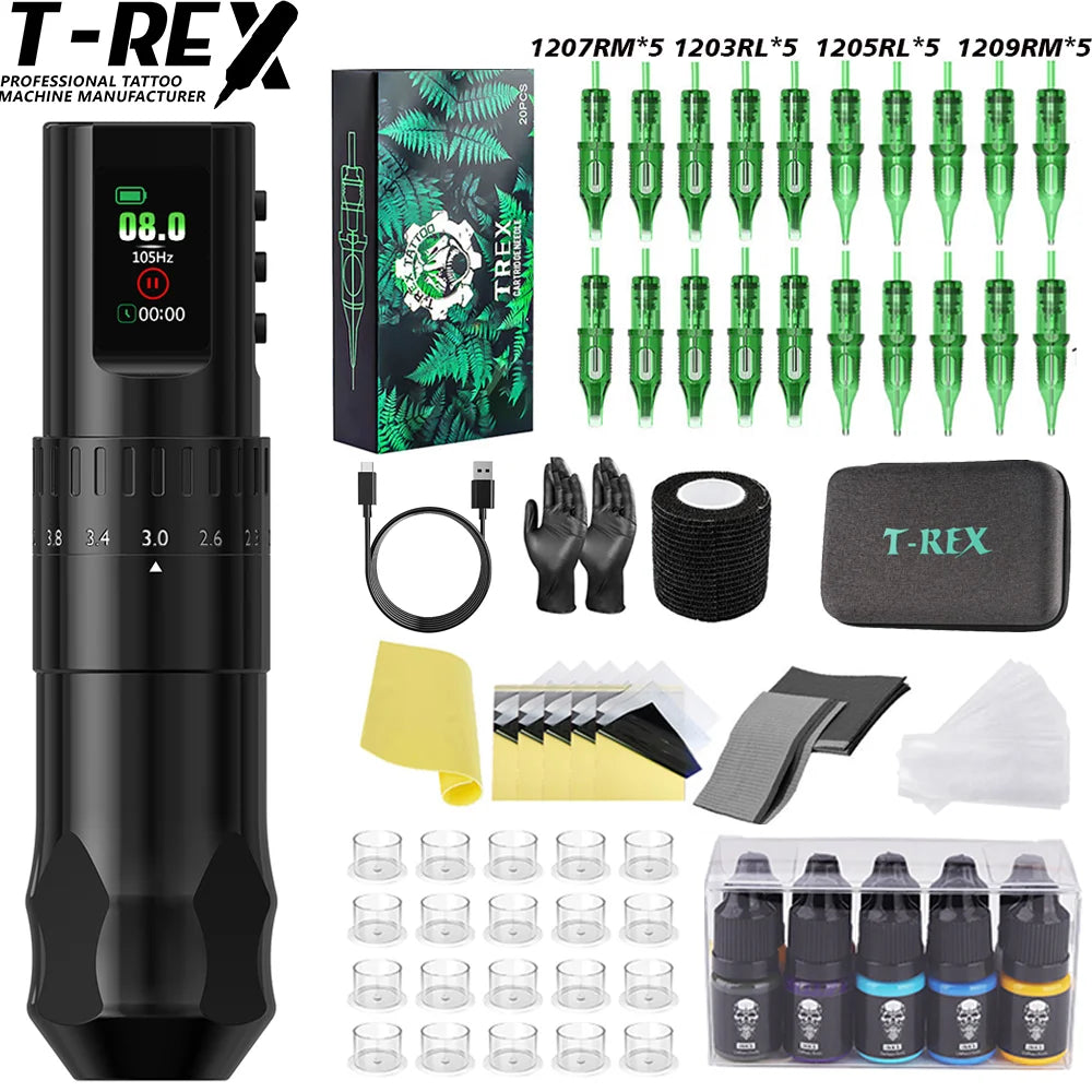 T-Rex D4 Wireless Tattoo Pen Complete Kit 2.0-4.2mm Adjustable Stroke Dot Work Mode 1600mAh Battery Full Tattoo Supplies Set