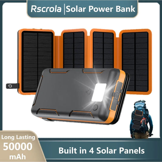 4 Solar Panels Power Bank, 50000mAh Portable Solar External Battery, Solar Power Bank Compatible with IOS Android USB-A USB-C