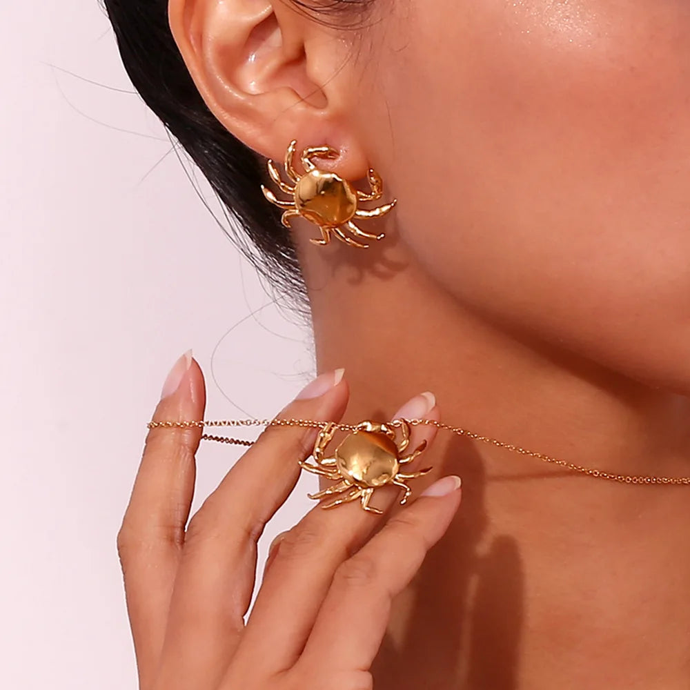 MamacitaSlay 2025 New Design Stainless Steel Crab Pendant Necklace Earrings 2PCS Holiday Party Waterproof Jewelry Set Women