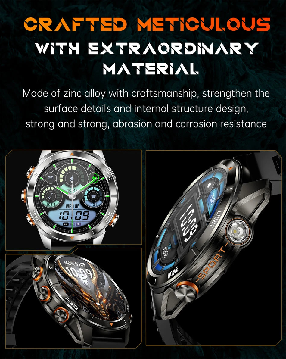 Military Smart Watch Men 10ATM Waterproof 1.46" AMOLED Screen LED Flashlight 515mAh Battery Heart Rate Sport BT Call Smartwatch