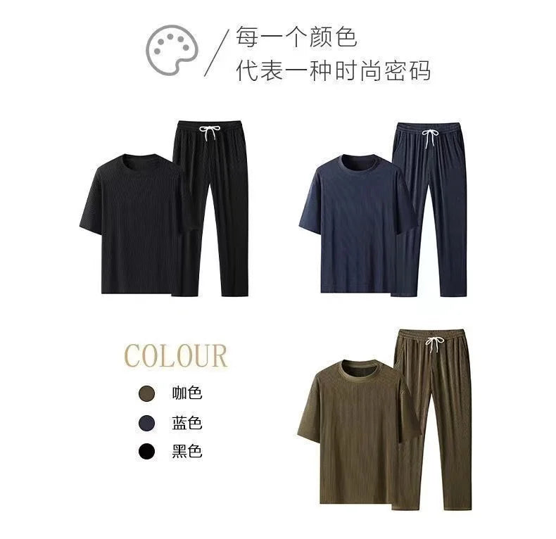 Men's Wrinkled Ice Silk Sports Set 2024 Summer New Short sleeved Long Pants Two piece Set Fashionable, Breathable, and Cool 3