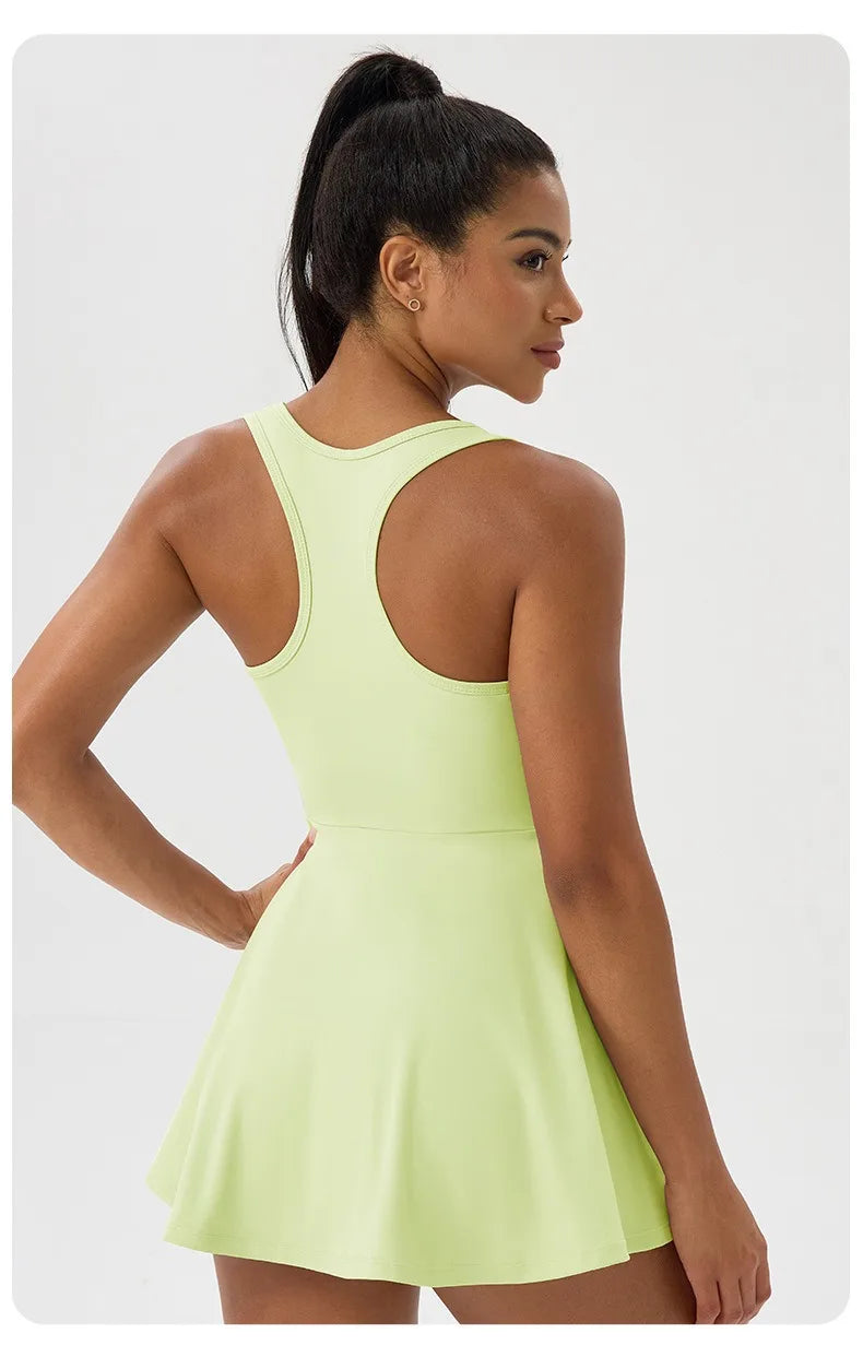 Women Summer Tennis Dress Breathable Quick-Dry Workout Dress Outdoor Sports Skirt Gym Yoga Short Dress Casual Athletic Skirt