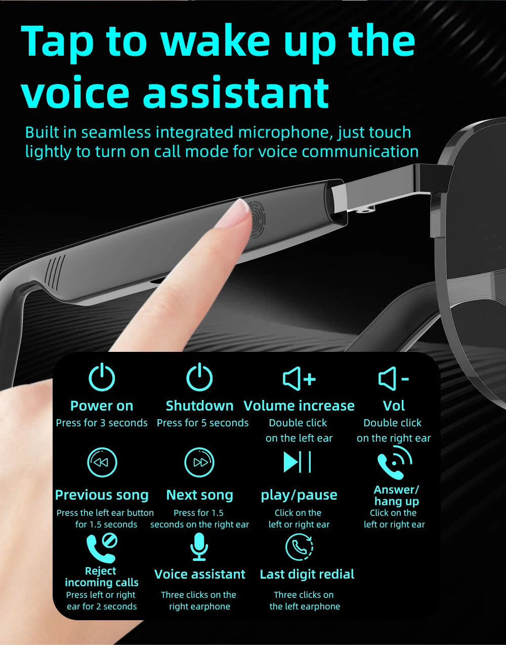 SG-15 Portable Outdoor Glasses Smart Music Sunglasses Earphones Wireless Bluetooth Headphone Hands-free Call Glasses For Driving