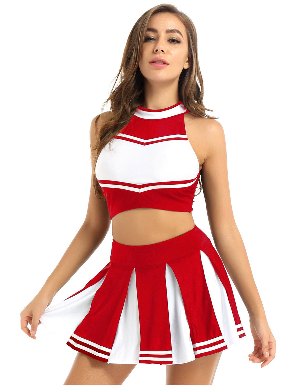 Women's Cheerleader Cosplay Costume Uniform Outfit Stand Collar Crop Top with Mini Pleated Skirts Carnival Cheerleading Suit