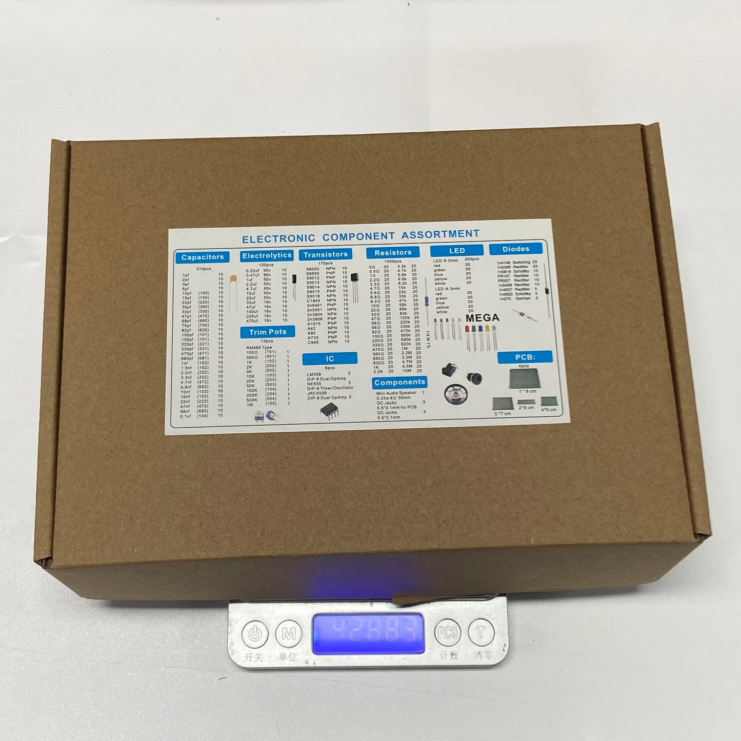 1818pcs Electronic Components Kit Ultimate Edition Various Common Capacitors Resistors Capacitors T0-92 LED Transistors PCB