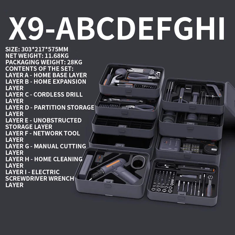X9-ABCDEFGHI Household Electric Combination Tool Box Layered Free Combination for DIY Hand Tools and Home Repair Tools
