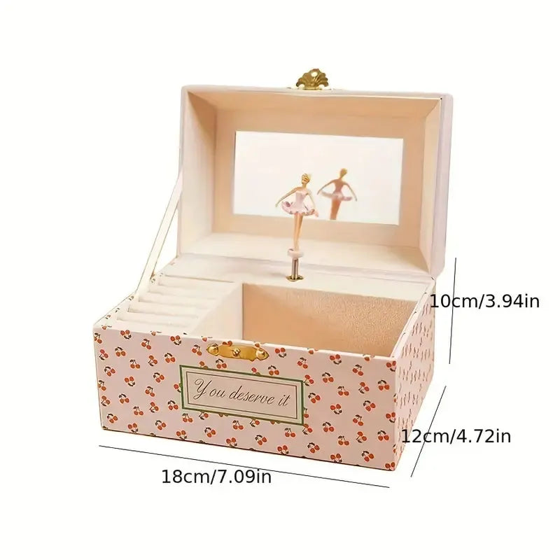 Cherry Musical Jewelry Box Pink Music Box w/ Mirror, Spinning Girl, Cute Jewelry Storage Case Desk Organizer for Girls Birthday