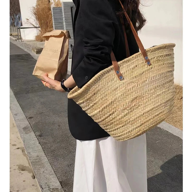 2023 Beach Bag French Style Straw Bags for Women Raffia Handbag Holiday Basket Ins Hand Bag Top Quality Woven Purse Carrycot