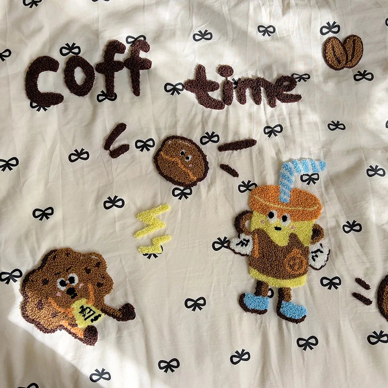 Cartoon Animal Embroidery Bedding Set For Adults Kids Cute Flat Fitted Sheet With Pillowcases Washed Cotton Colorful Full Size