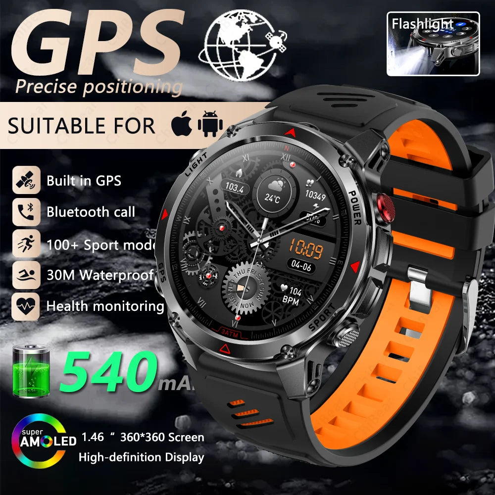 2025 New Outdoor Millitary Smart Watch Men GPS Positioning 540mAh Battery Waterproof Sports Fitness Tracker BT Call Smartwatch