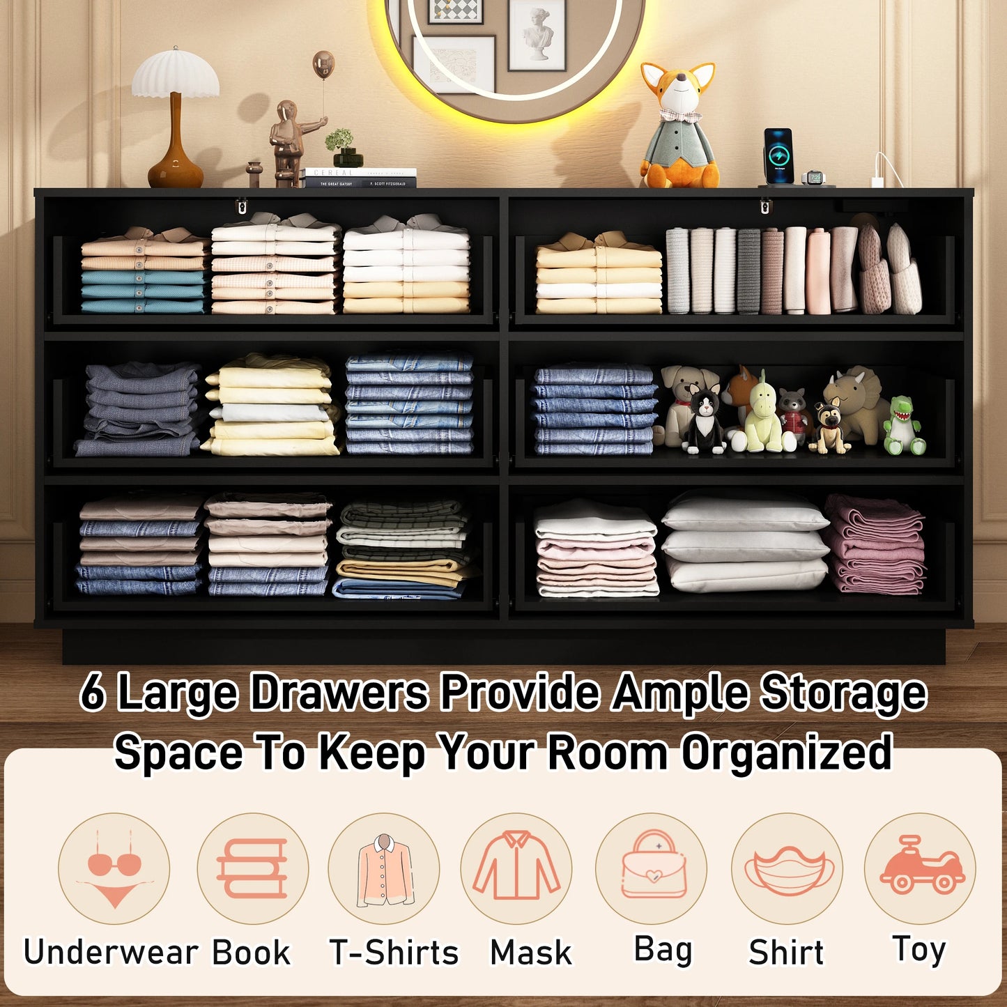 6 Drawers Dresser w/Power Outlet, 59" Long Wooden Dresser Chest, 60000-Colors Lights for Bedroom, Metal Handles of Drawers