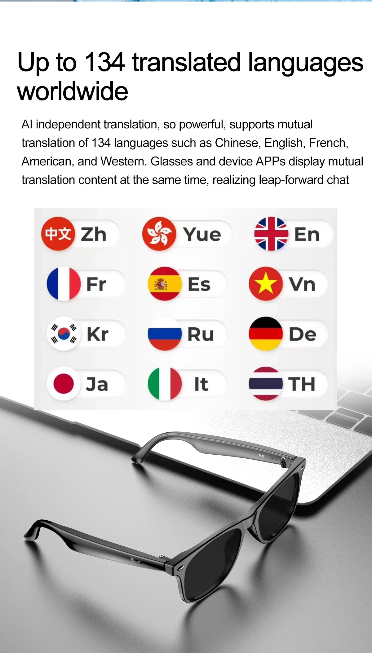 Upgrade Smart Glasses 134 Online Languages AI Automatic Translation Conversation with Speaker UV Protected Bluetooth Sunglasses