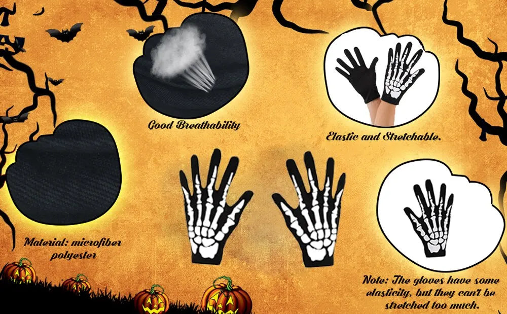 Halloween Skull Gloves Lightweight Full Finger Skeleton Cycling Gloves Costume Cosplay Equipment Accessories for Men Women Kids