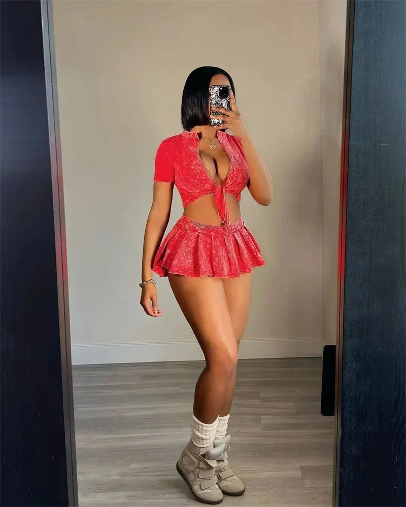 Streetwear Party Club Co Ord Sets for Women 2 Piece Set Outfit Summer Lace-up Crop Top and Mini Skirt Sets Conjuntos Para Vestir