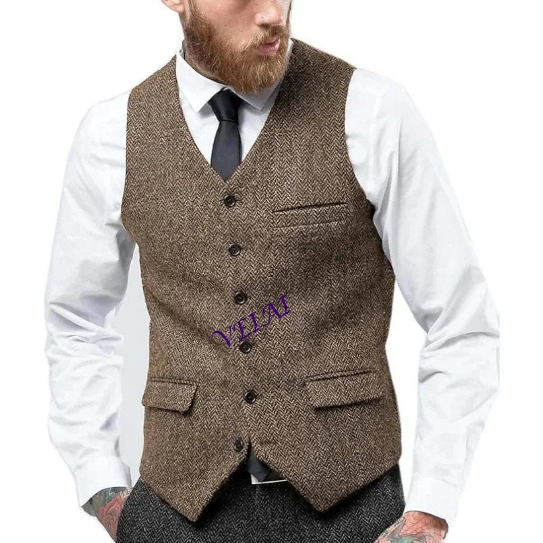 CustomizedMen's Vintage Herringbone Vest | Slim Fit Wool Tweed Waistcoat for Prom/Wedding (Classic Retro Style) Herringbone Weav
