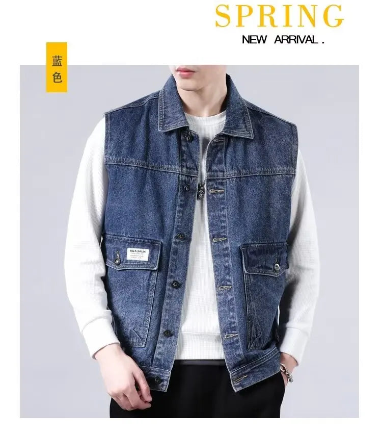 Spring Vintage Design Mens Denim Vest Male Retro Sleeveless Jackets Men Ripped Hole Button Jean Waistcoats Clothing 4XL