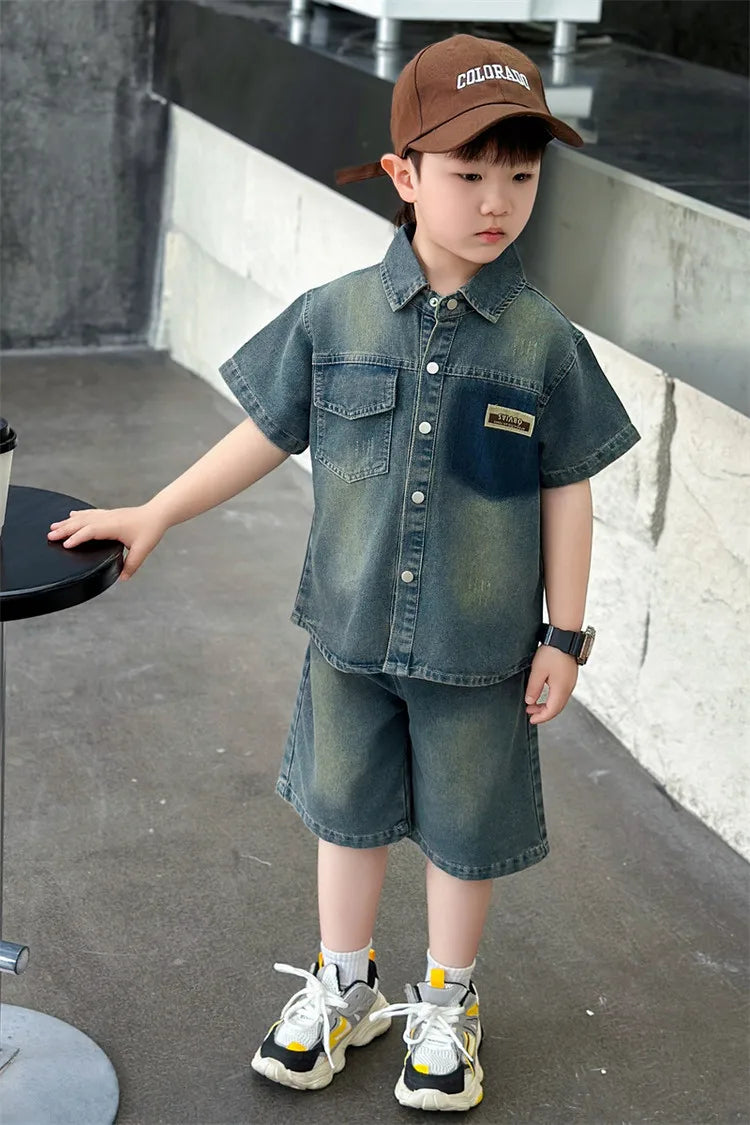 2025 Trendy Boys' Denim Set Vintage Wash Short Sleeve Shirt & Shorts 2-Piece Summer Outfit