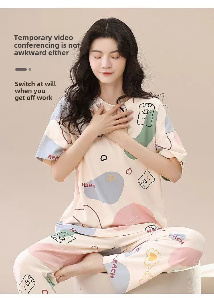 Pyjamas Set for Women‘s Short Sleeve Long Pants Student Casual Cartoon Bear Sweet Cuet Sleepwear Loungewear Romantic Nightwear