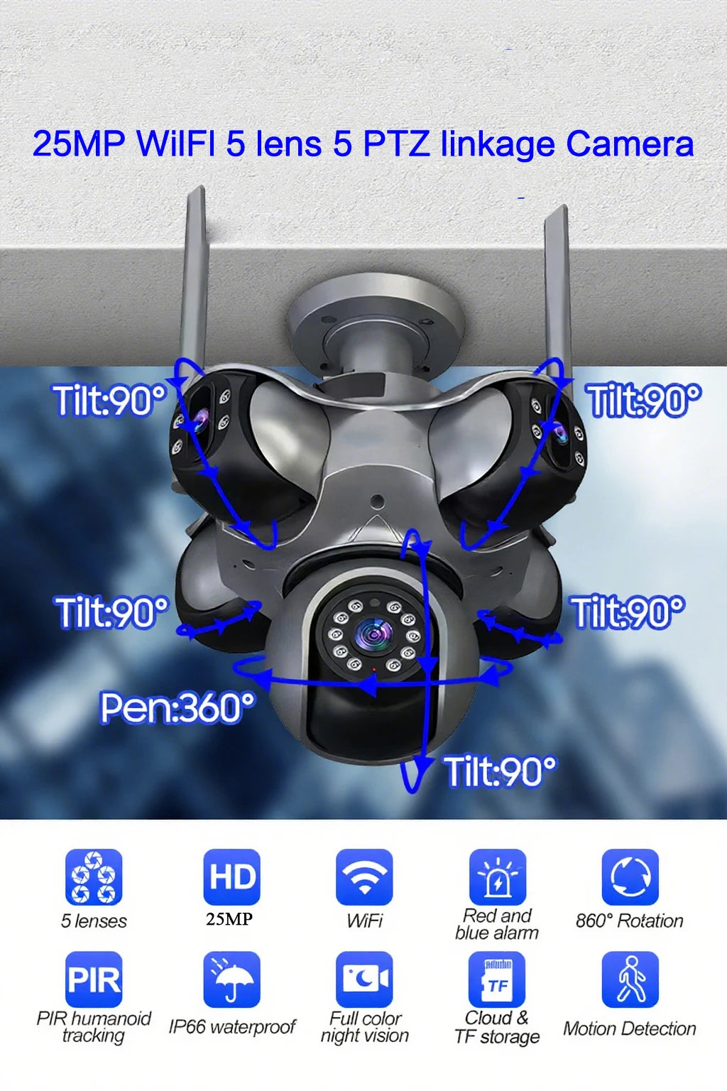 25MP 4K Wifi Panoramic Security Camera Outdoor 5 Lens 5 Screens Auto Tracking Wireless PTZ CCTV Video Surveillance Camera