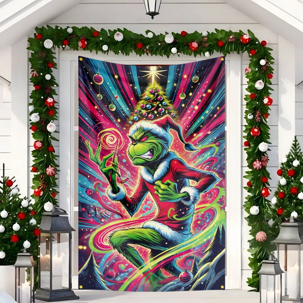 New Christmas Door hanging Green Haired Monster Christmas Flag Red Green Yard Outdoor Decoration Party Scene Decor