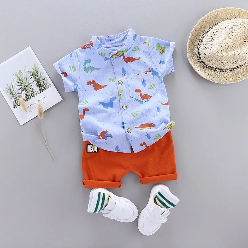 2PCS Children's Summer Full Print Cartoon Little Dinosaur Standing Collar Shirt and Shorts Set