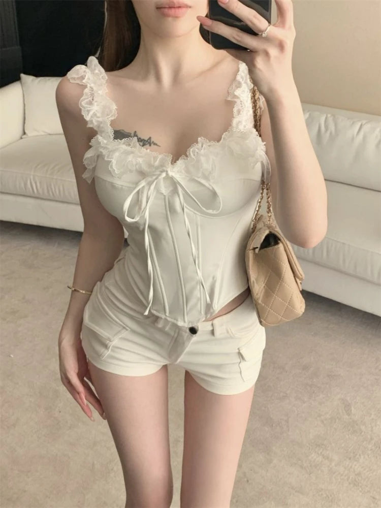 France Lace Pink Camisole Women Hot Girl Sweet Design Off Shoulder Slim Hollow Out Solid Vest Female Elegant Fashion Clothes