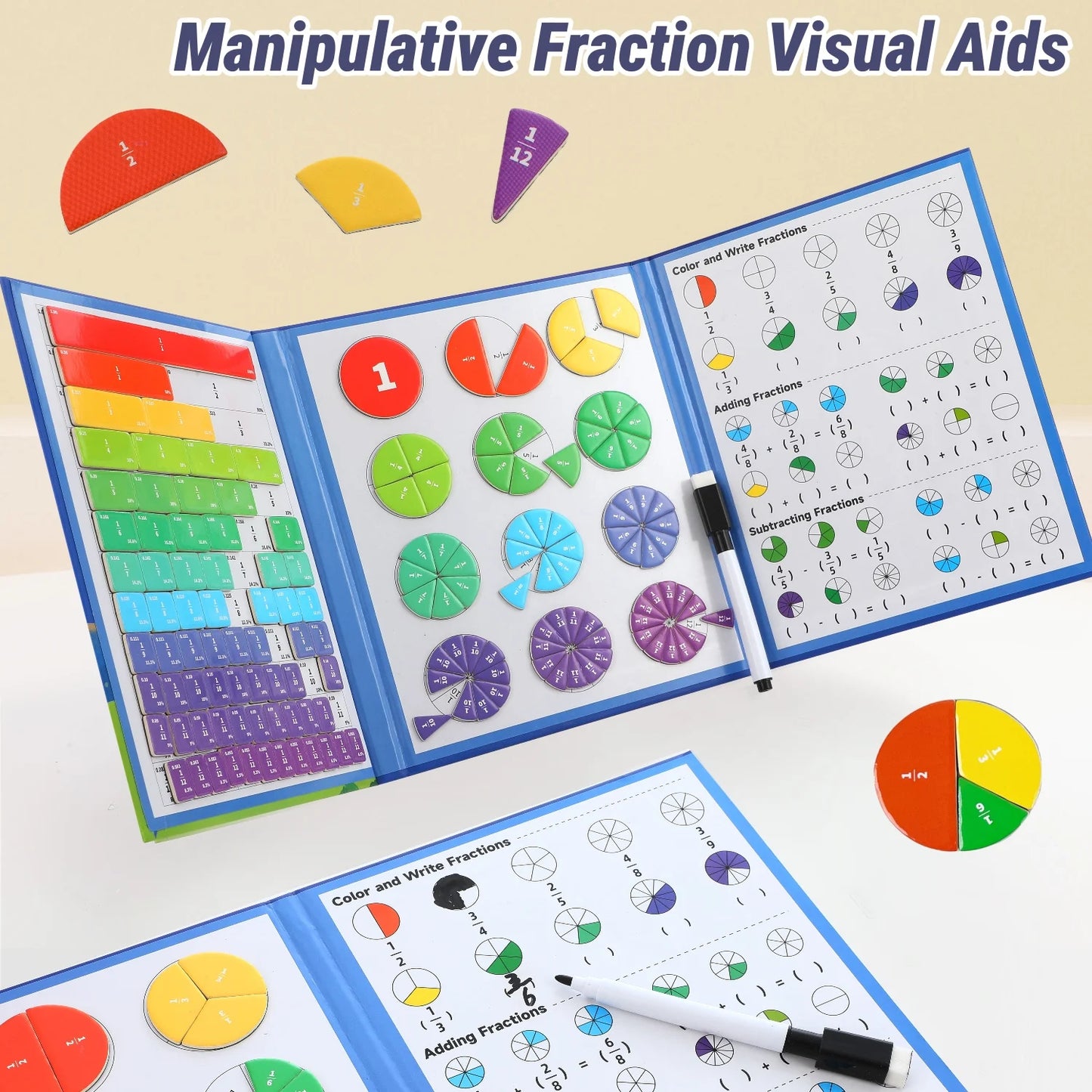 Magnetic Fraction Disk Teaching Aids, Fraction Science Education Model Practical School Interactive Enlightenment Teaching Aids, Block Diagram + Pie Diagram + Erasable Arithmetic Area, Addition and Subtraction Quantity Visual