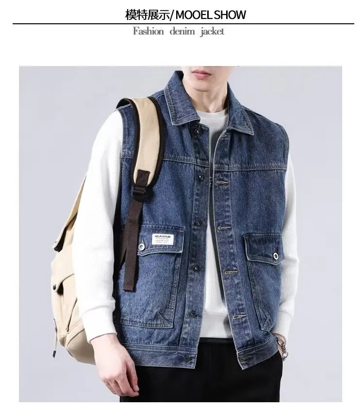 Spring Vintage Design Mens Denim Vest Male Retro Sleeveless Jackets Men Ripped Hole Button Jean Waistcoats Clothing 4XL
